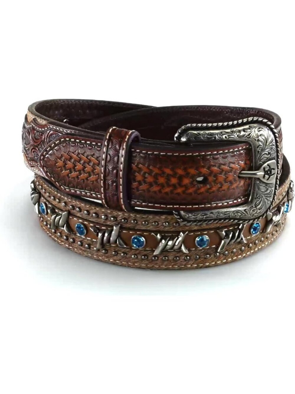 Stylish Men's Embossed Leather Belt with Barbed Wire Design & Blue Crystals